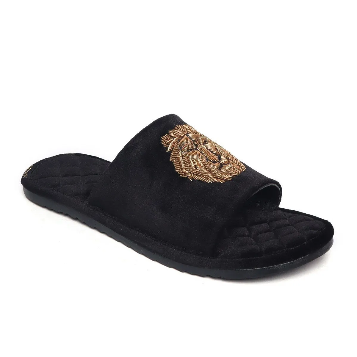Black Quilted Base Velvet Slide In Slippers with Lion Zardosi