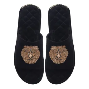 Black Quilted Base Velvet Slide In Slippers with Lion Zardosi