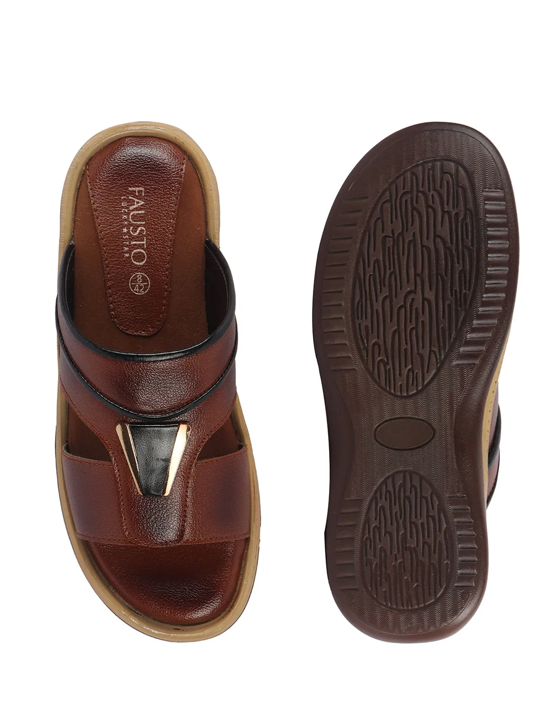 Men Tan Open Toe Broad Feet Lightweight Summer Slip On Slippers|Dress Sandals Slip On|Anti Skid Sole