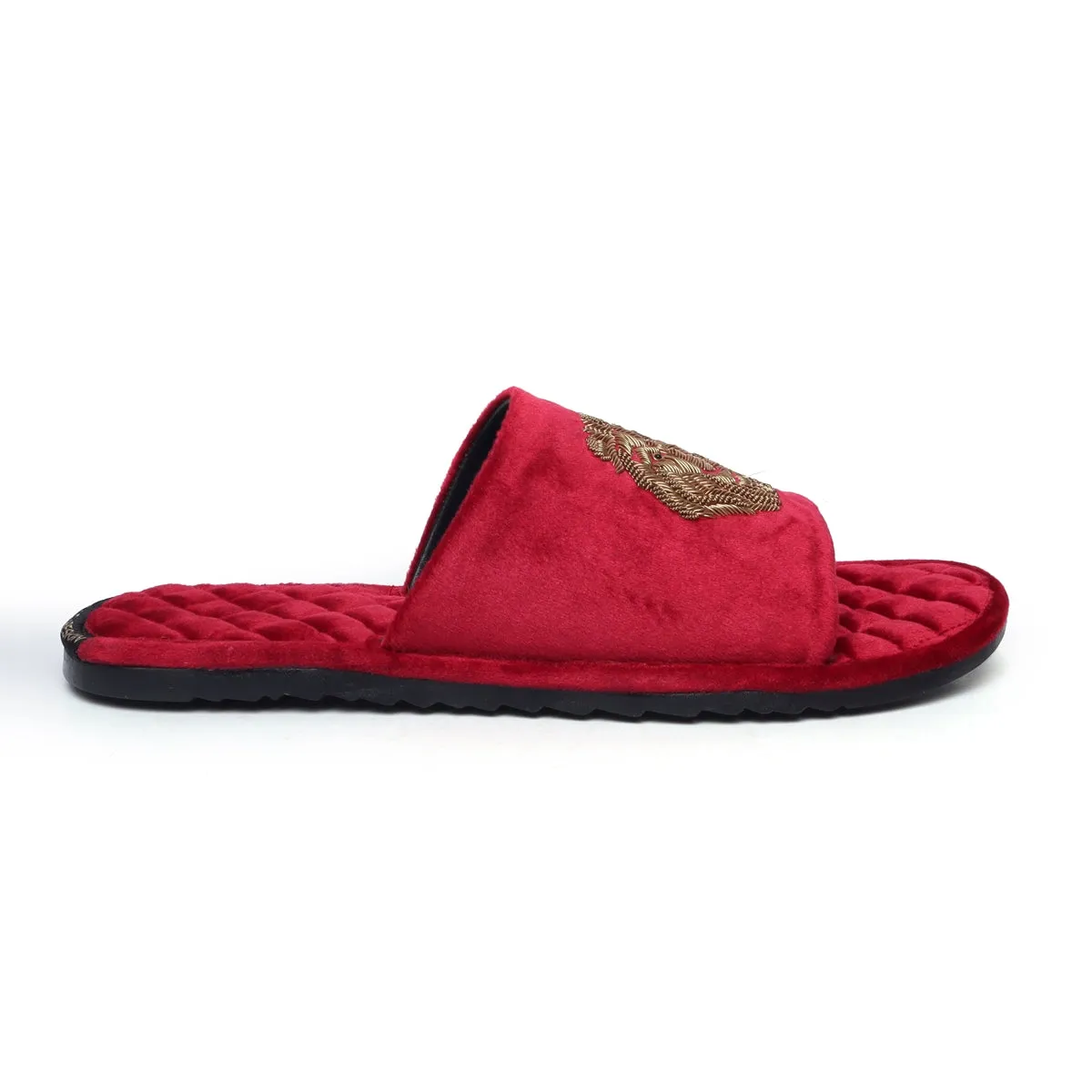 Red Quilted Base Lion Zardosi Men Velvet Slide In Slippers By Brune & Bareskin