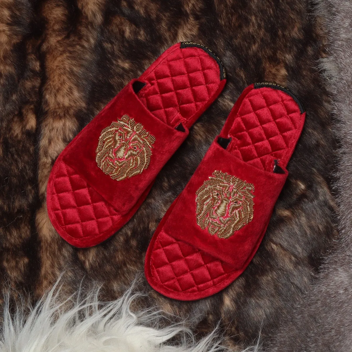 Red Quilted Base Lion Zardosi Men Velvet Slide In Slippers By Brune & Bareskin