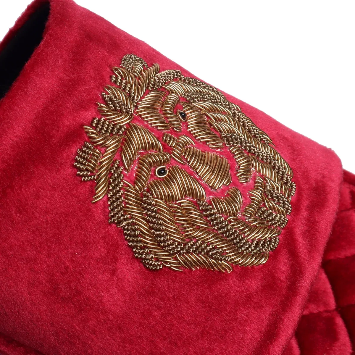 Red Quilted Base Lion Zardosi Men Velvet Slide In Slippers By Brune & Bareskin