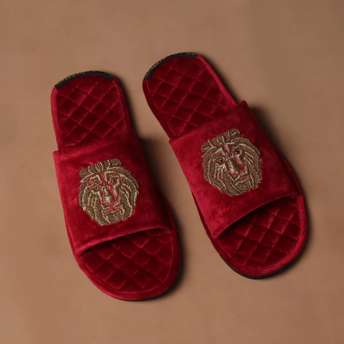 Red Quilted Base Lion Zardosi Men Velvet Slide In Slippers By Brune & Bareskin